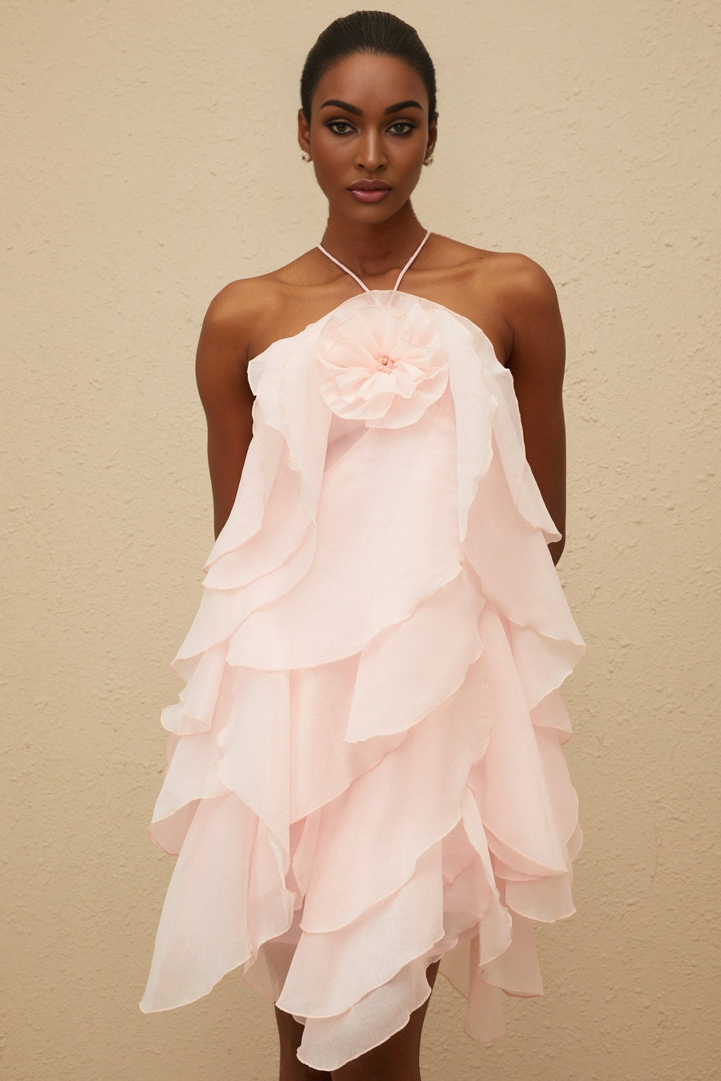 Emma Mini Dress - Halterneck - Sleeveless - Open Back - Tiered Design - Ruffled Detailing