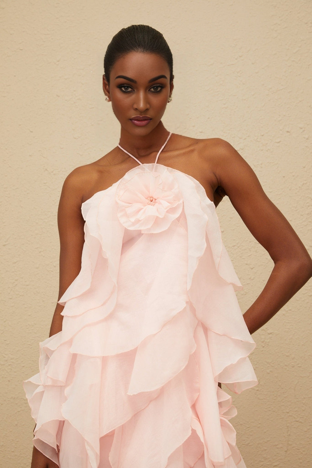 Emma Mini Dress - Halterneck - Sleeveless - Open Back - Tiered Design - Ruffled Detailing