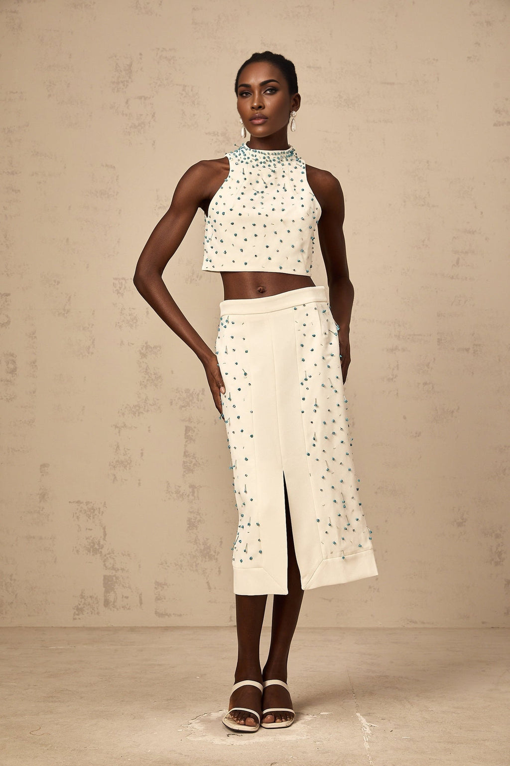 Emma Skirt & Top Set - Mock Neck Sleeveless Design - Bead & Crystal Embellishments - High Slit & Rear Zip Fastening