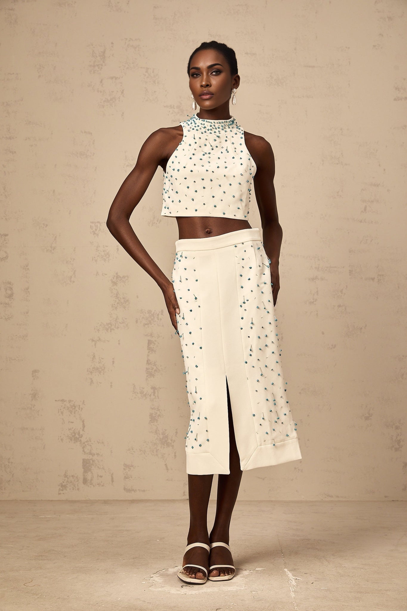 Emma Skirt & Top Set - Mock Neck Sleeveless Design - Bead & Crystal Embellishments - High Slit & Rear Zip Fastening