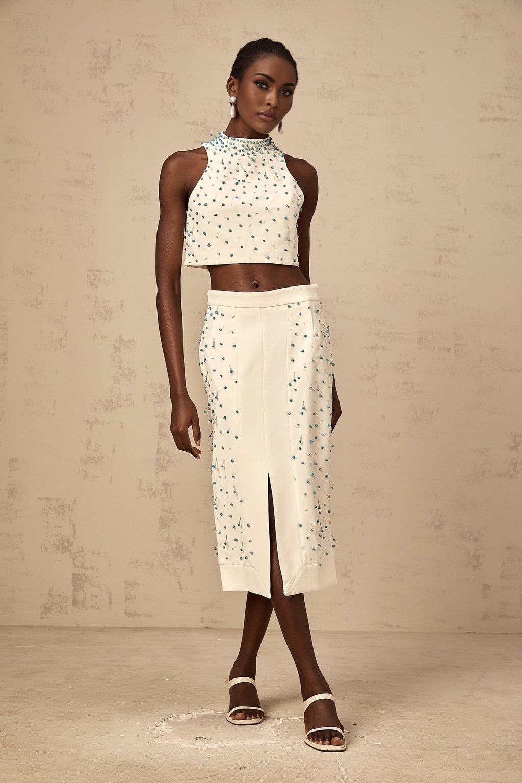 Emma Skirt & Top Set - Mock Neck Sleeveless Design - Bead & Crystal Embellishments - High Slit & Rear Zip Fastening
