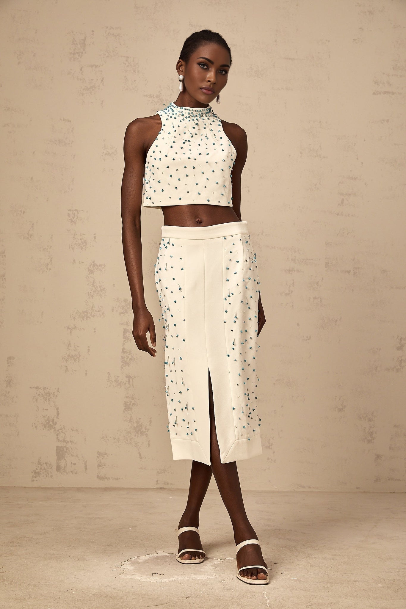 Emma Skirt & Top Set - Mock Neck Sleeveless Design - Bead & Crystal Embellishments - High Slit & Rear Zip Fastening