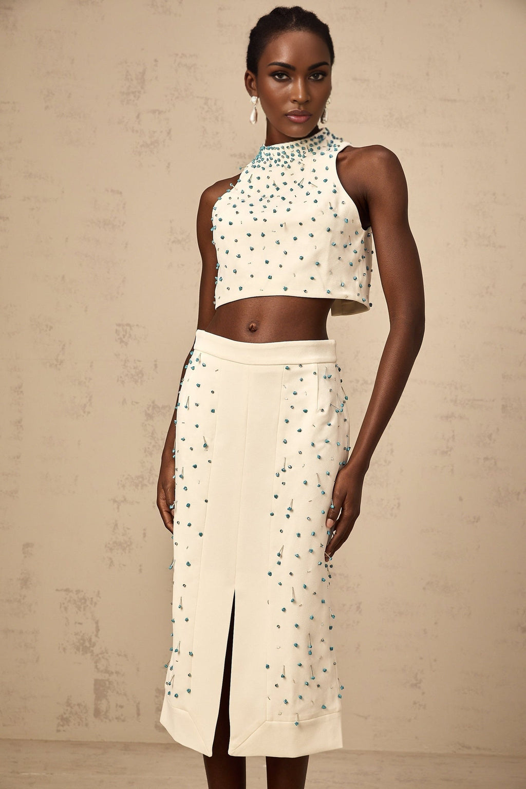 Emma Skirt & Top Set - Mock Neck Sleeveless Design - Bead & Crystal Embellishments - High Slit & Rear Zip Fastening