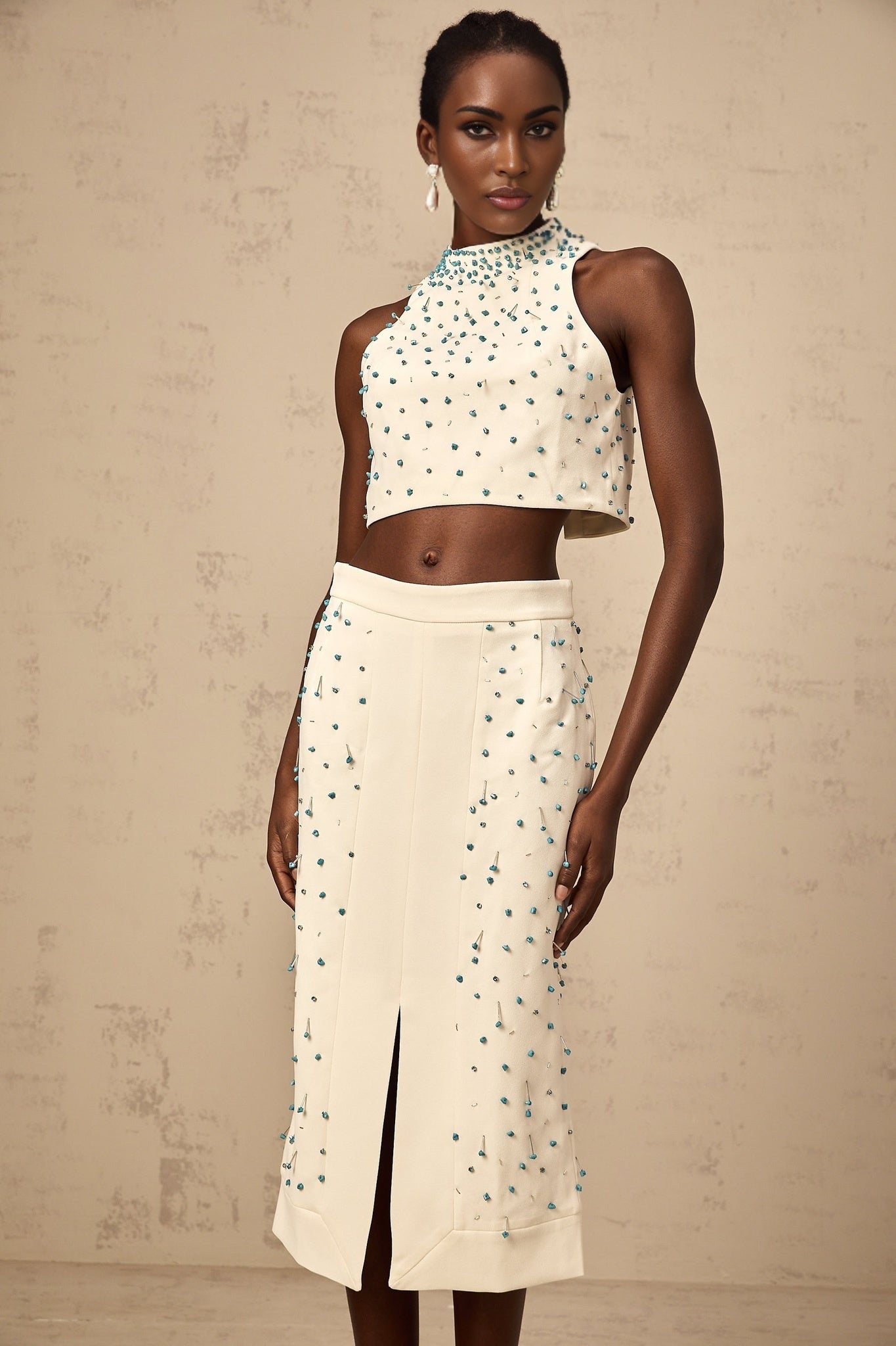 Emma Skirt & Top Set - Mock Neck Sleeveless Design - Bead & Crystal Embellishments - High Slit & Rear Zip Fastening