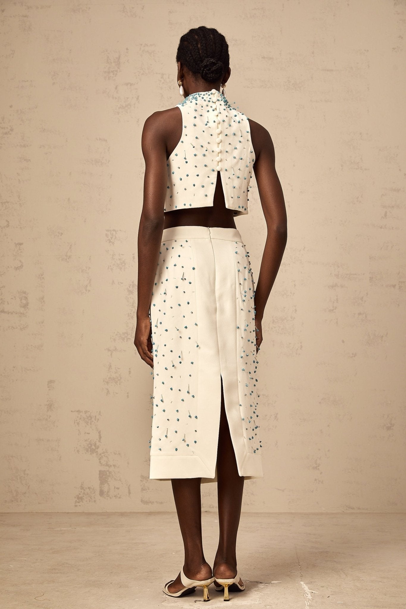 Emma Skirt & Top Set - Mock Neck Sleeveless Design - Bead & Crystal Embellishments - High Slit & Rear Zip Fastening