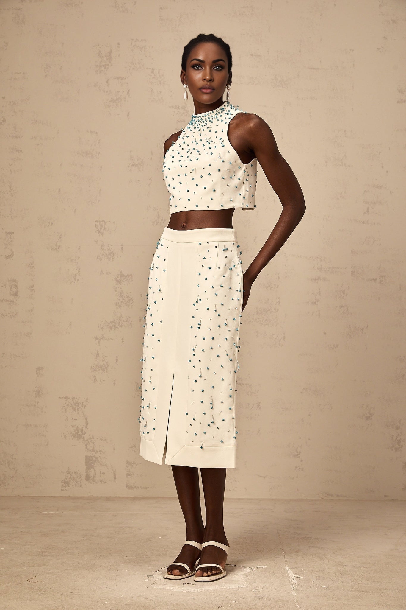 Emma Skirt & Top Set - Mock Neck Sleeveless Design - Bead & Crystal Embellishments - High Slit & Rear Zip Fastening