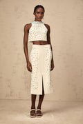 Emma Skirt & Top Set - Mock Neck Sleeveless Design - Bead & Crystal Embellishments - High Slit & Rear Zip Fastening