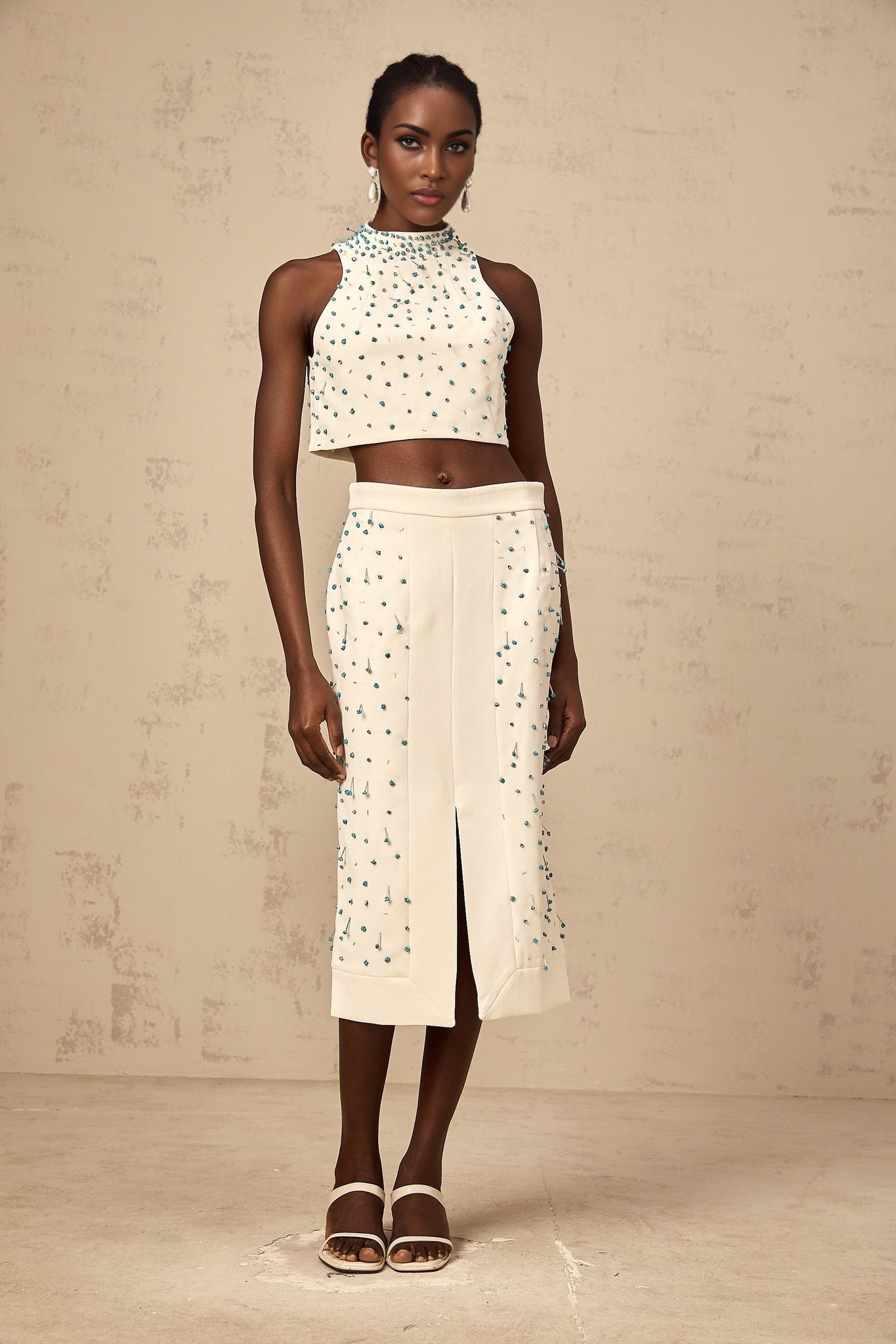 Emma Skirt & Top Set - Mock Neck Sleeveless Design - Bead & Crystal Embellishments - High Slit & Rear Zip Fastening