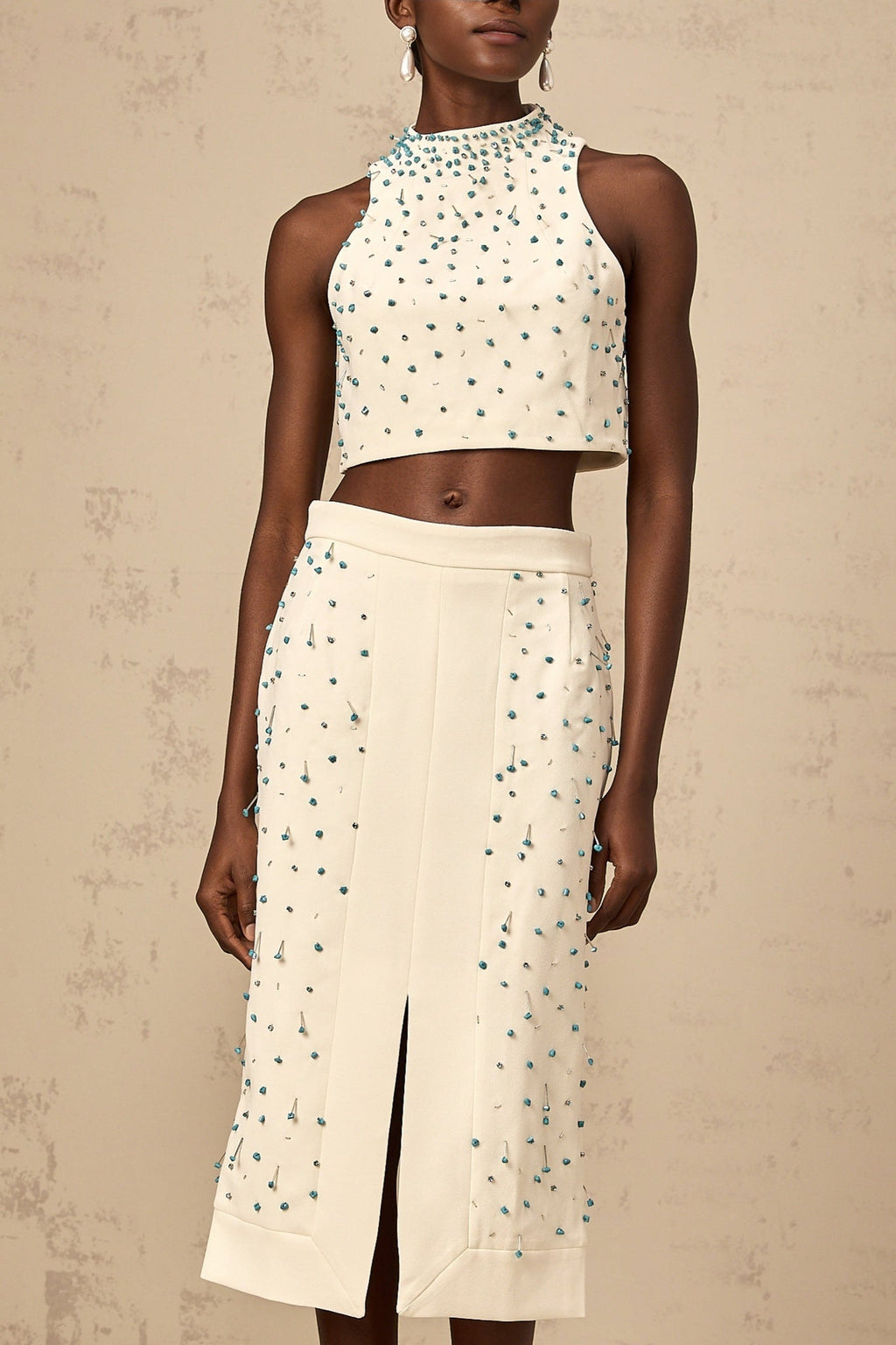 Emma Skirt & Top Set - Mock Neck Sleeveless Design - Bead & Crystal Embellishments - High Slit & Rear Zip Fastening