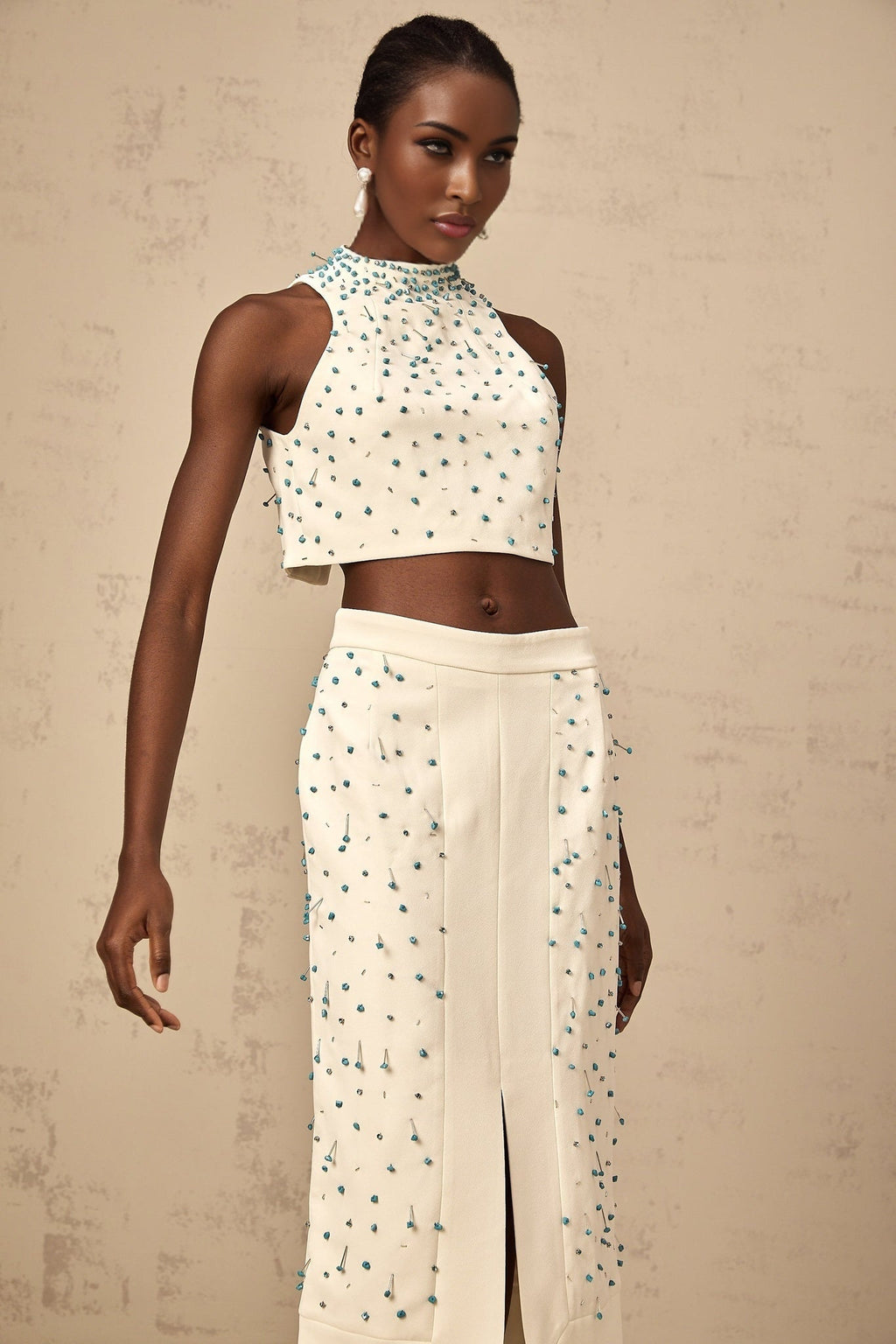 Emma Skirt & Top Set - Mock Neck Sleeveless Design - Bead & Crystal Embellishments - High Slit & Rear Zip Fastening