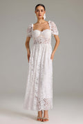Emma White Lace Maxi Dress Sweetheart Neckline Puff Sleeves Elegant