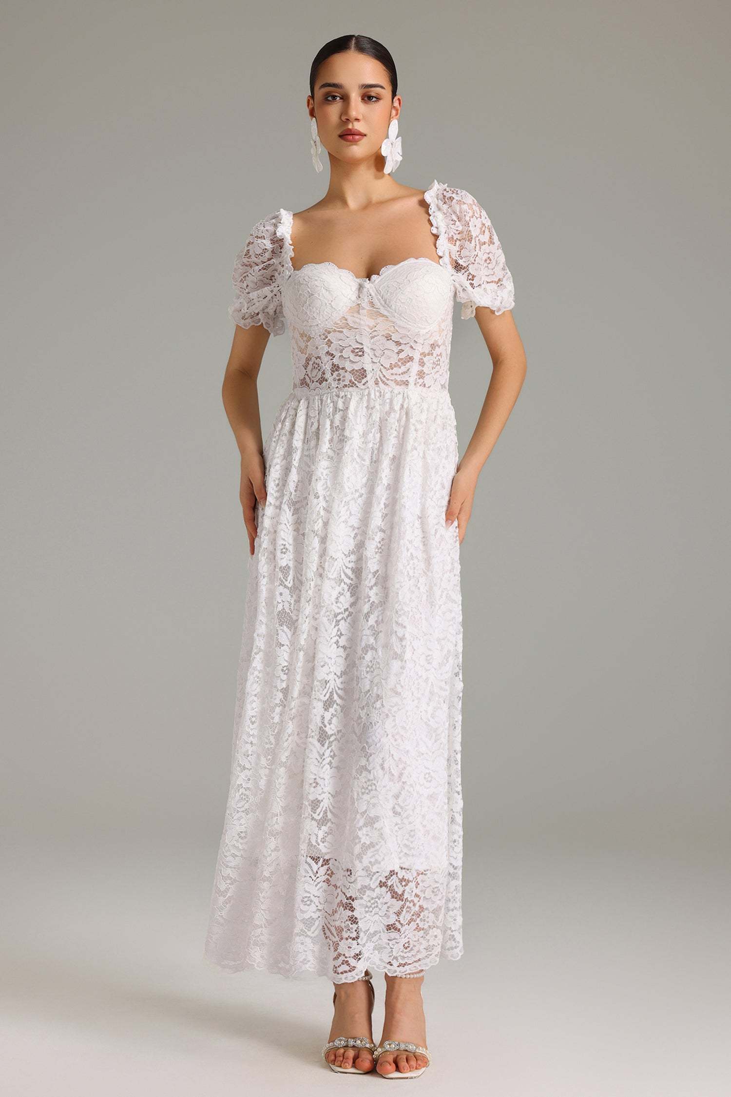 Emma White Lace Maxi Dress Sweetheart Neckline Puff Sleeves Elegant