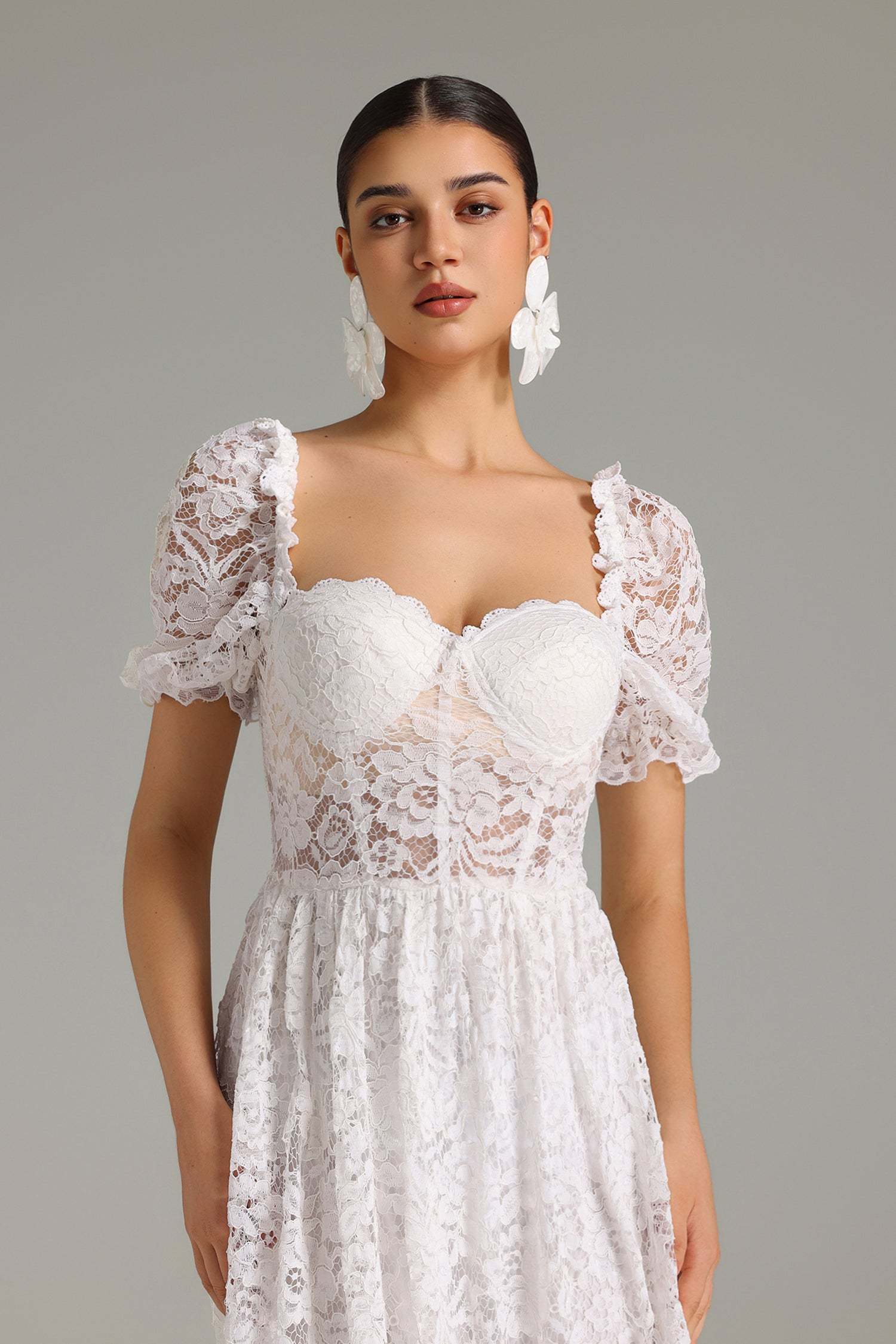 Emma White Lace Maxi Dress Sweetheart Neckline Puff Sleeves Summer Evening Soirées Lightweight Fabric