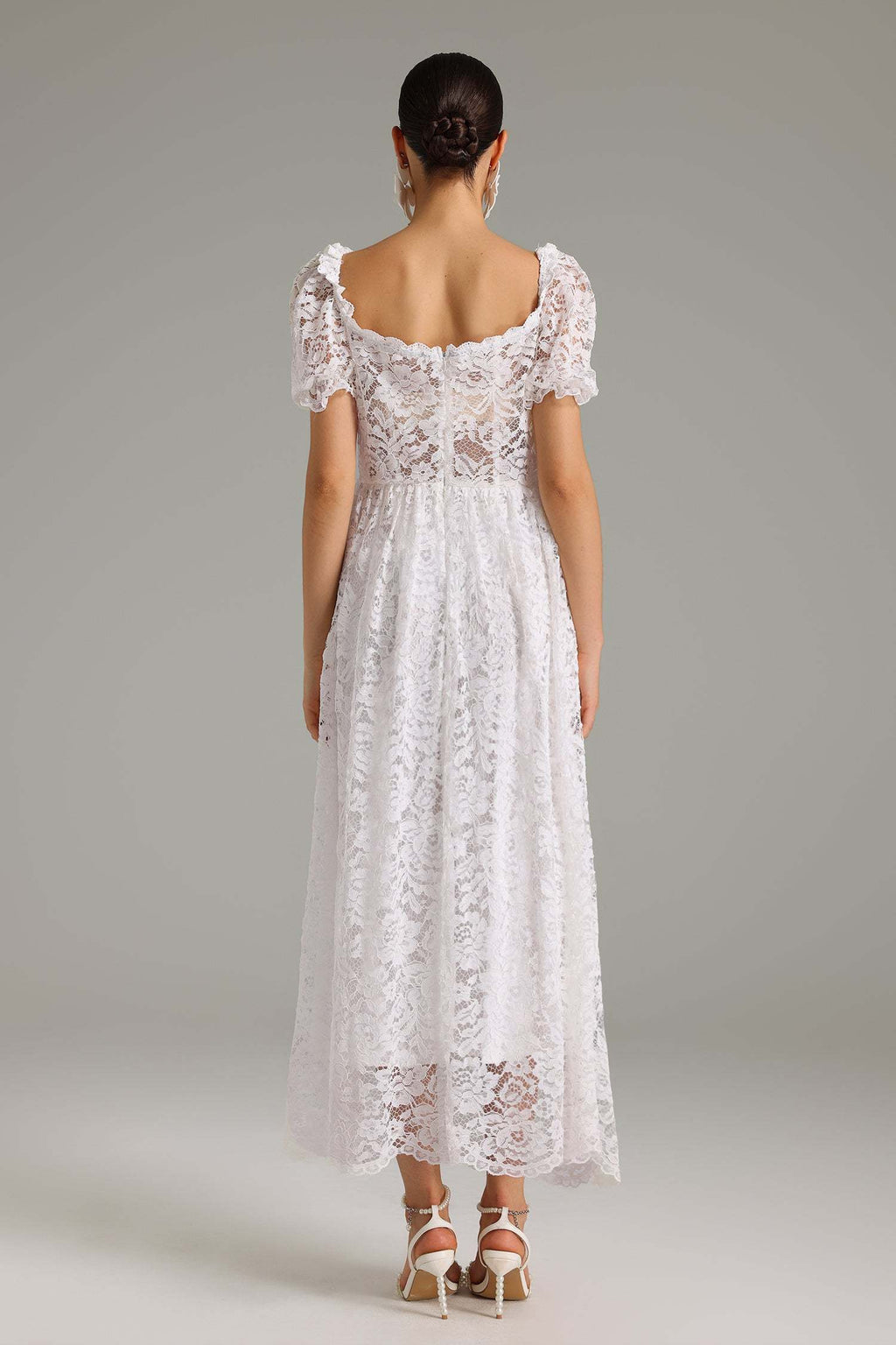 Emma White Lace Maxi Dress Sweetheart Neckline Puff Sleeves Lightweight Fabric