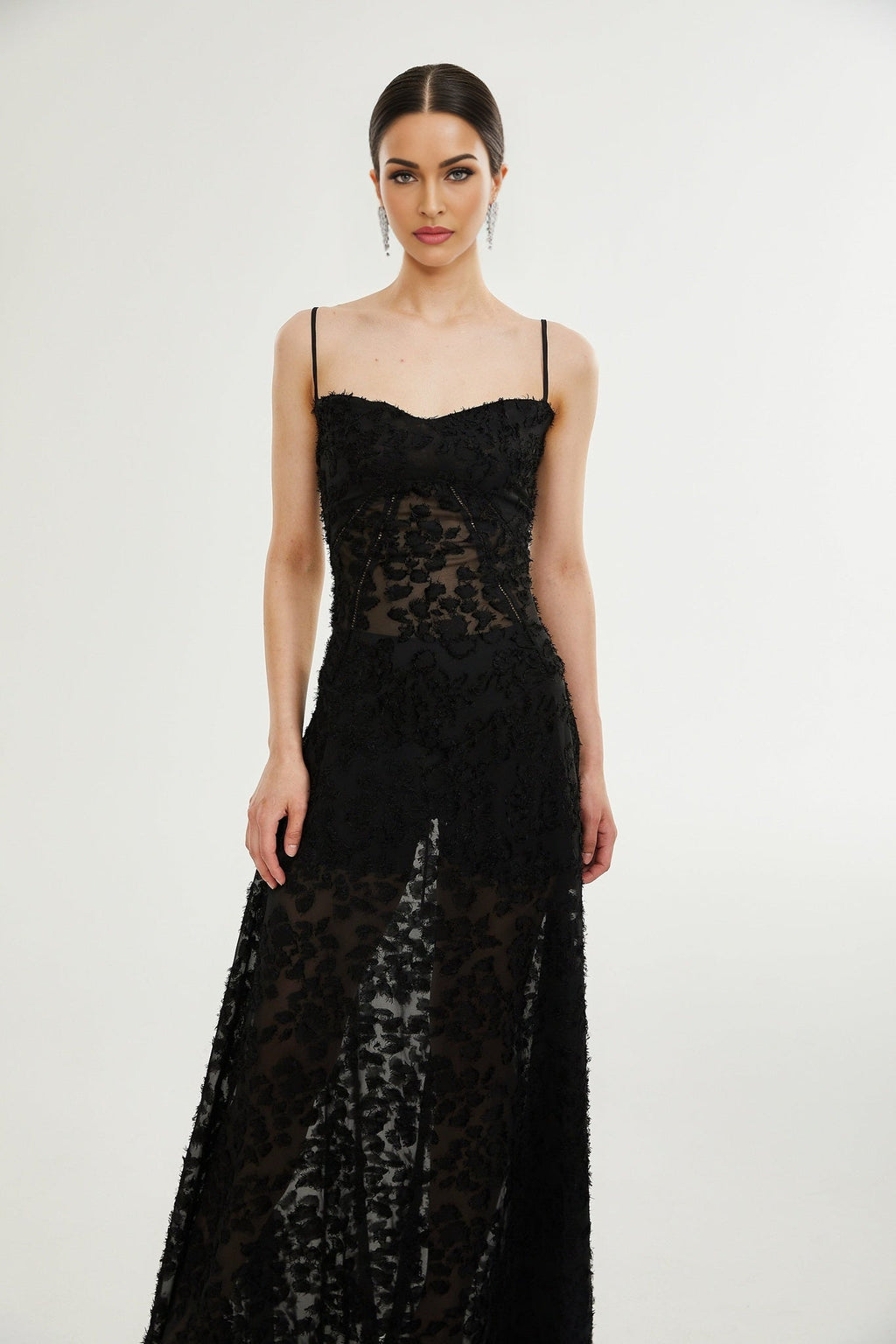 Emmelina Maxi Dress - Sleeveless Spaghetti Strap Lace Overlay Tie Closure Elegance
