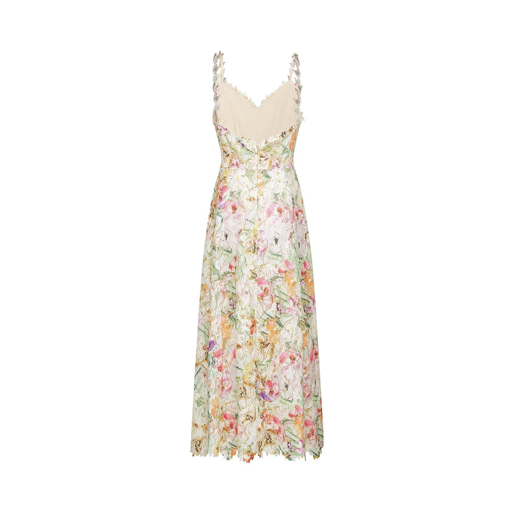 Enora Midi Dress - Sleeveless Cut - V - Neckline - Spaghetti Straps - Floral Embroidery - A - Line Silhouette