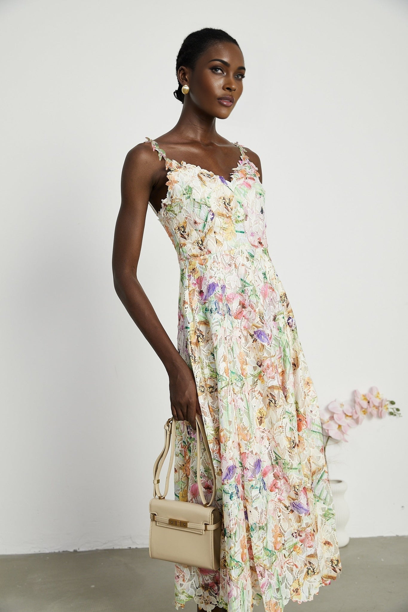 Enora Midi Dress - Sleeveless Cut - V - Neckline - Spaghetti Straps - Floral Embroidery - A - Line Silhouette