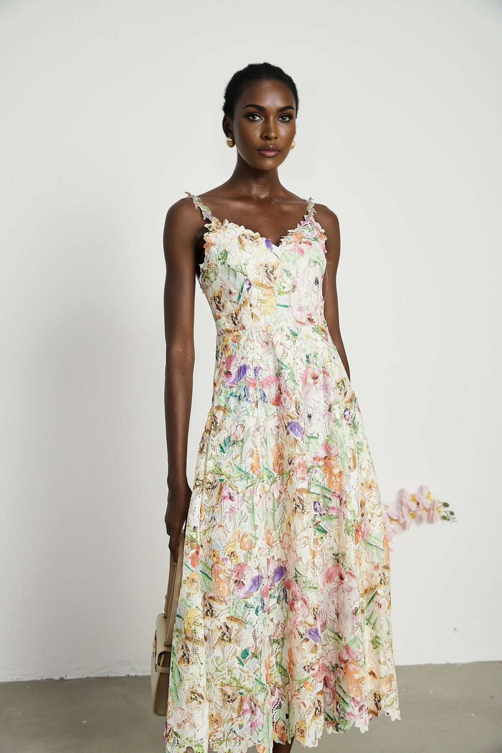 Enora Midi Dress - Sleeveless Cut - V - Neckline - Spaghetti Straps - Floral Embroidery - A - Line Silhouette