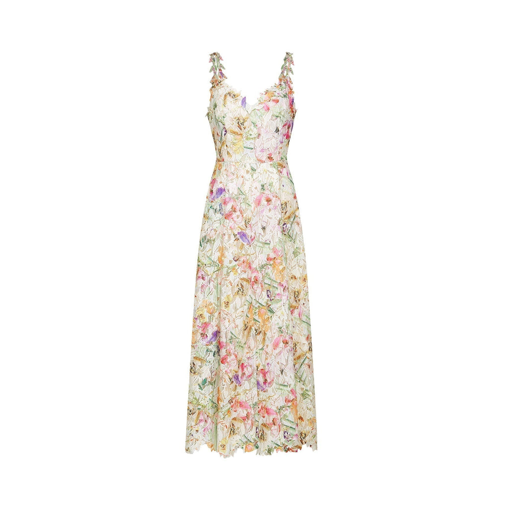 Enora Midi Dress - Sleeveless Cut - V - Neckline - Spaghetti Straps - Floral Embroidery - A - Line Silhouette