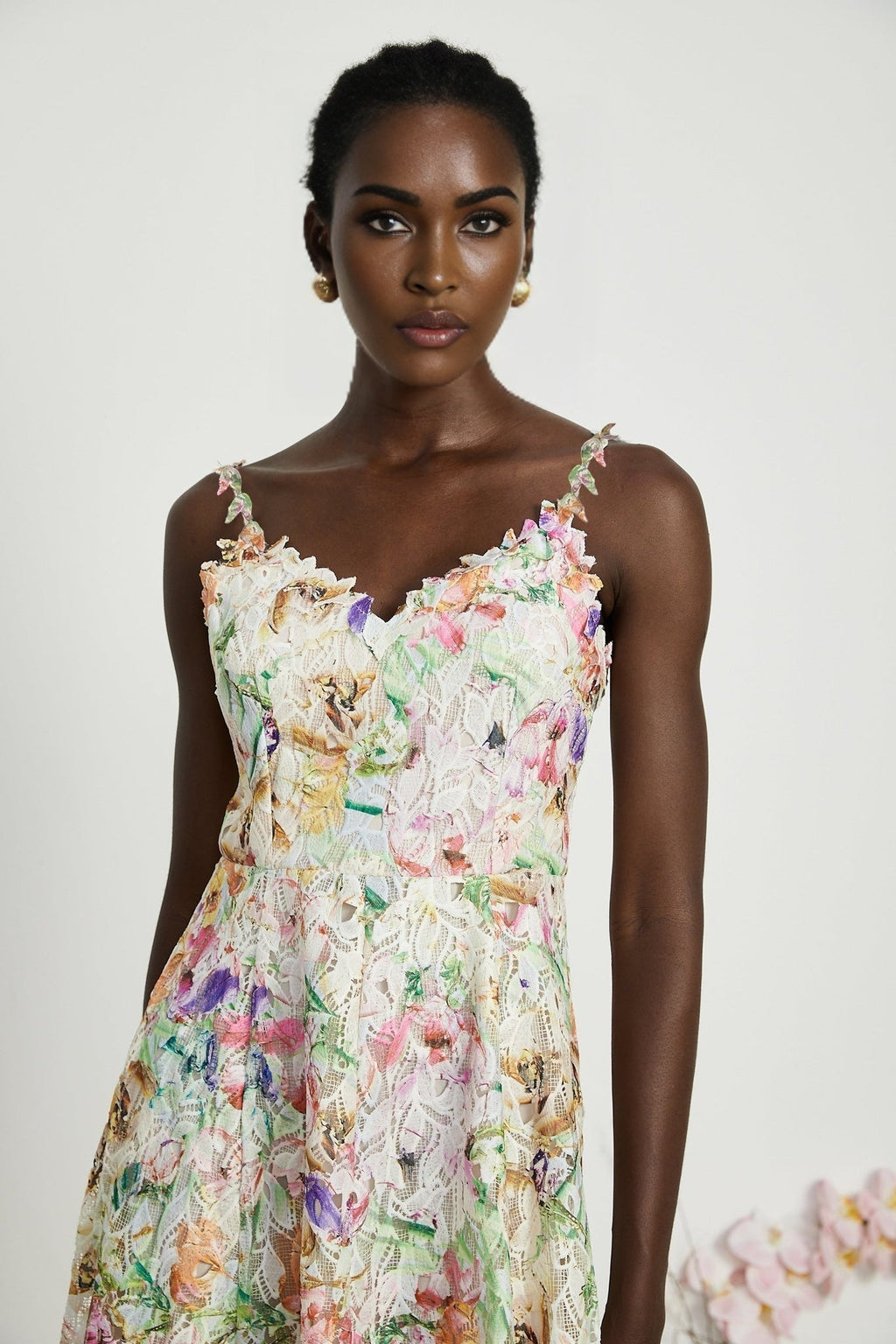 Enora Midi Dress - Sleeveless Cut - V - Neckline - Spaghetti Straps - Floral Embroidery - A - Line Silhouette