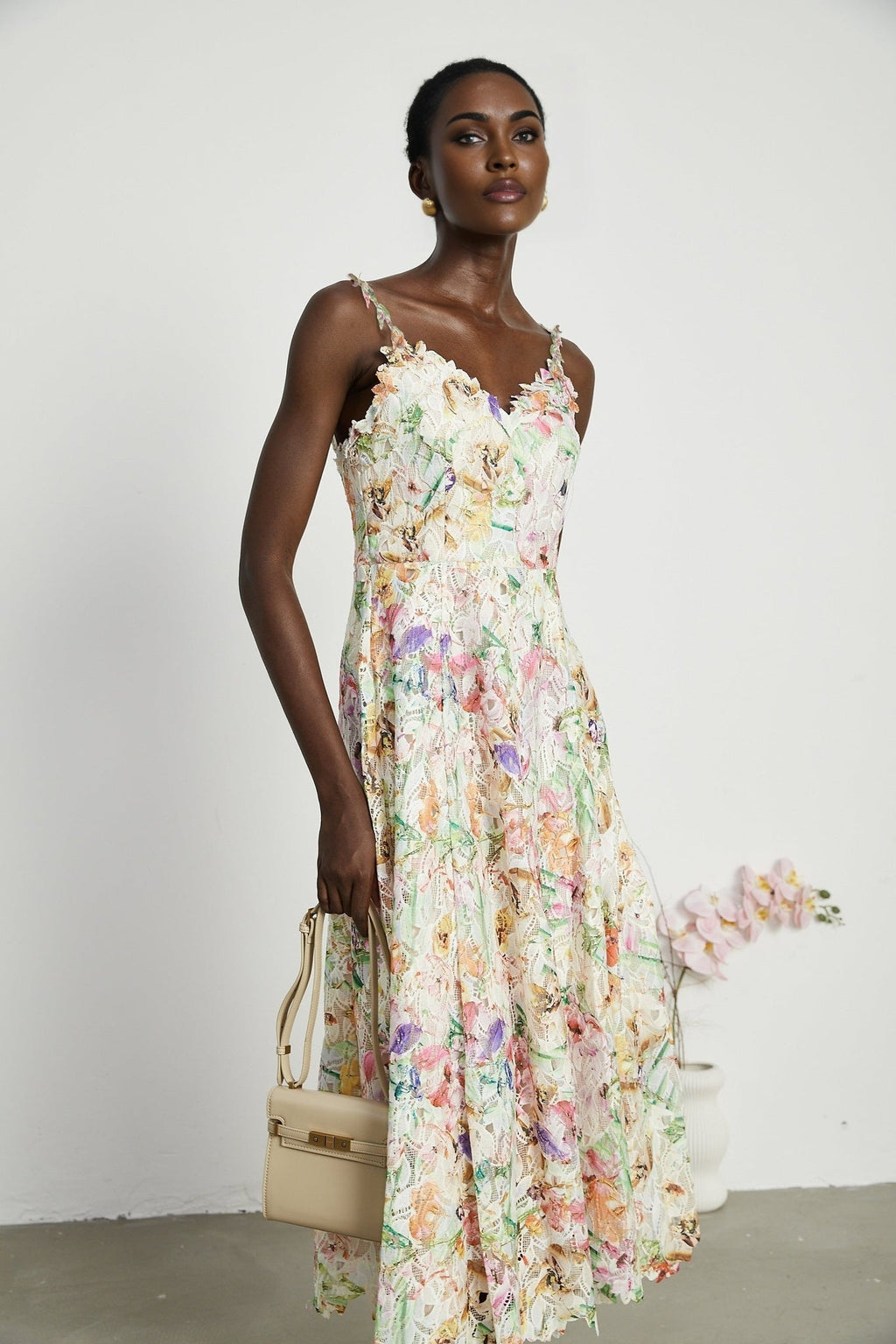 Enora Midi Dress - Sleeveless Cut - V - Neckline - Spaghetti Straps - Floral Embroidery - A - Line Silhouette