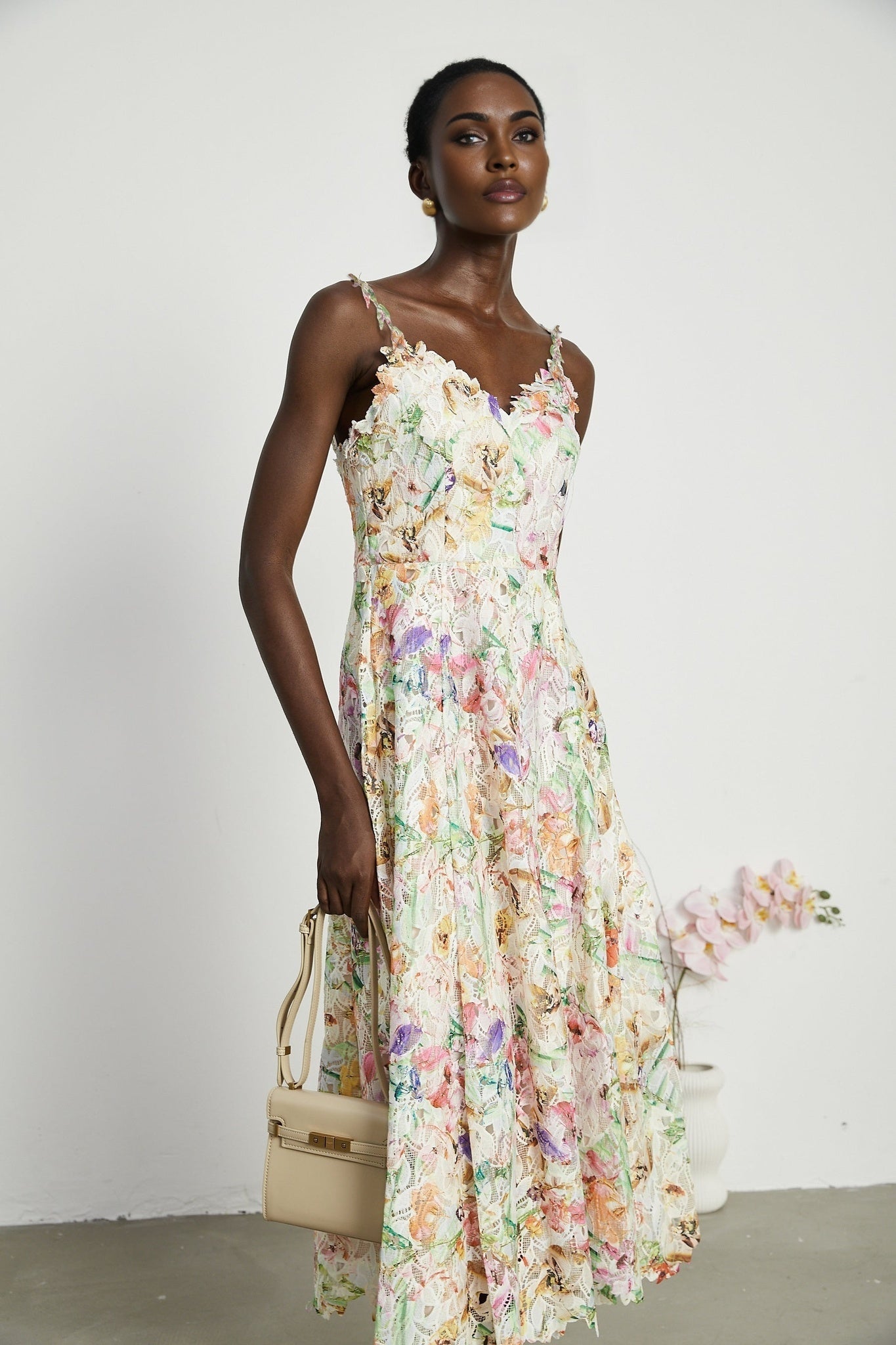 Enora Midi Dress - Sleeveless Cut - V - Neckline - Spaghetti Straps - Floral Embroidery - A - Line Silhouette