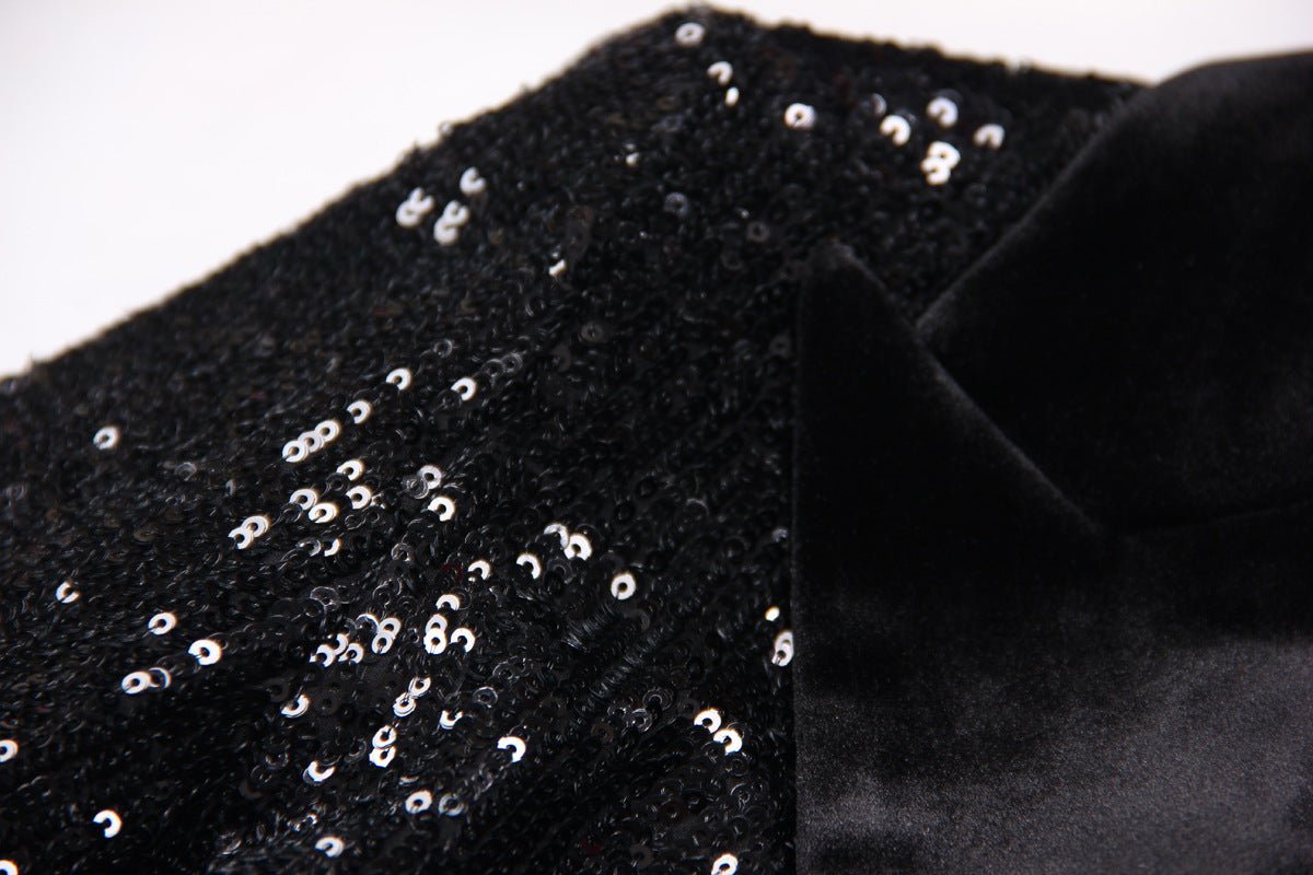 Enrica Double - Breasted Sequin Blazer - Slim Fit with Velvet Lapels - Velvet - Trimmed Pockets