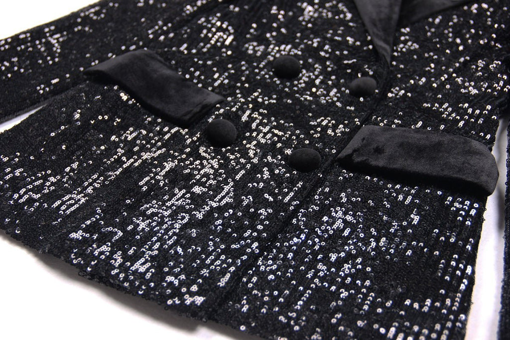 Enrica Double - Breasted Sequin Blazer - Slim Fit with Velvet Lapels - Velvet - Trimmed Pockets