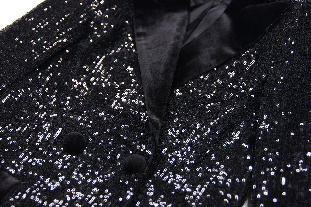 Enrica Double - Breasted Sequin Blazer - Slim Fit with Velvet Lapels - Velvet - Trimmed Pockets