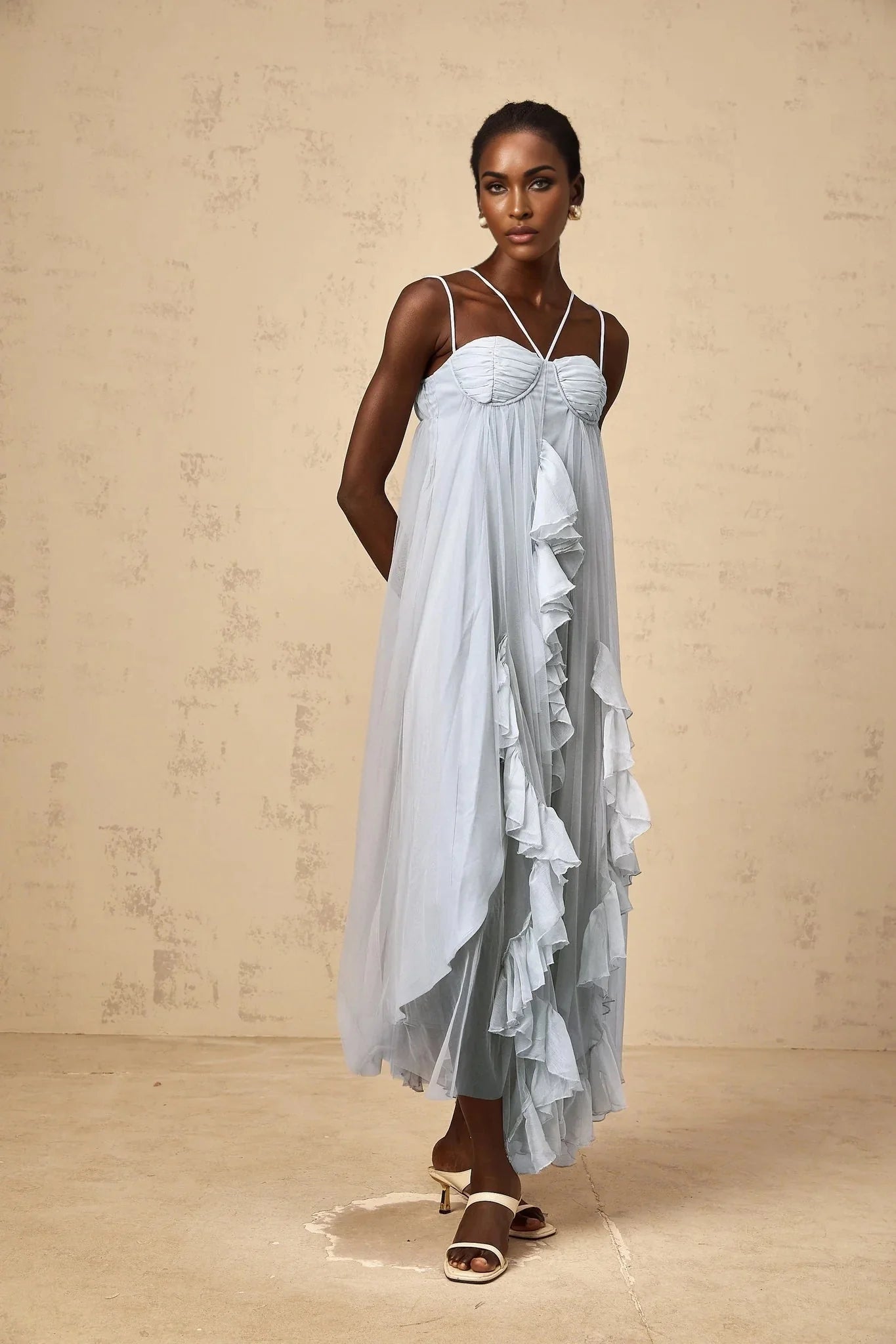 Enrica Maxi Dress Blue Ruffled Tulle Layered Texture