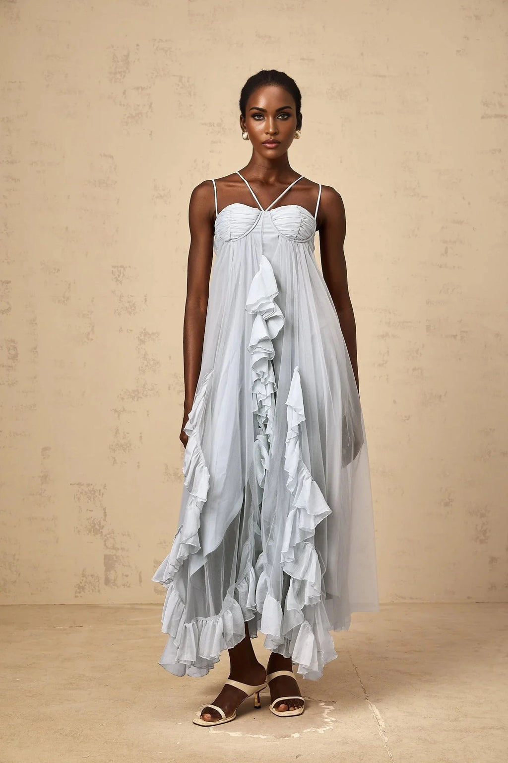 Enrica Maxi Dress Blue Ruffled Tulle Layered Texture