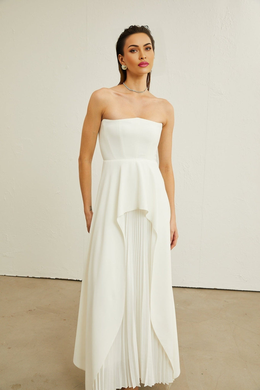 Enrica Maxi Dress - Off - Shoulder Style - Strapless Design - Pleated Feature - Ruffled Trim Detail