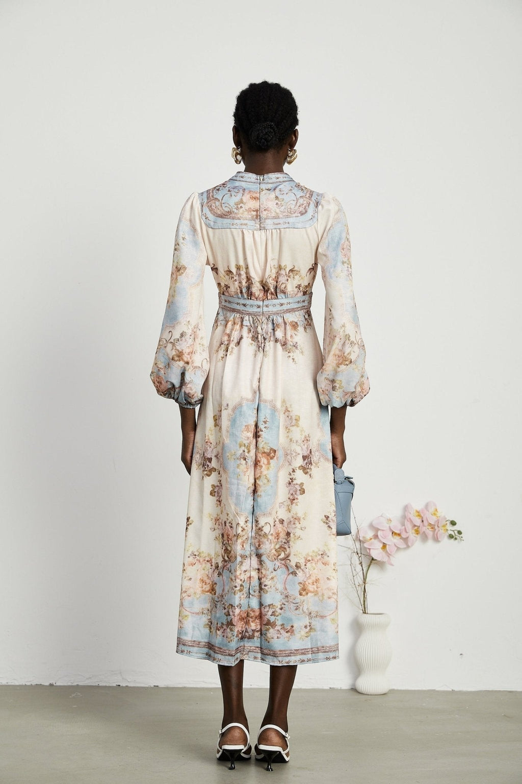 Enrica Midi Dress - Long Sleeves - V - Neck - Floral Print