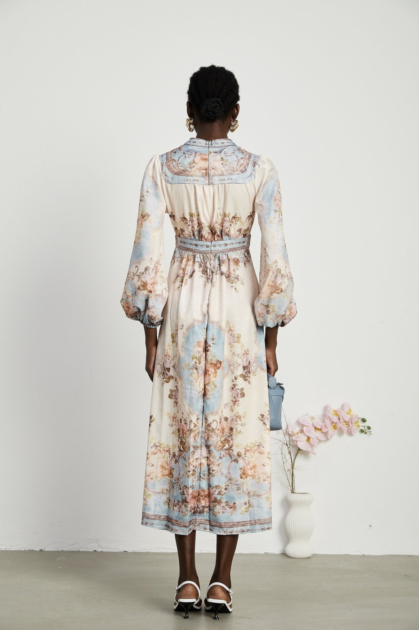 Enrica Midi Dress - Long Sleeves - V - Neck - Floral Print