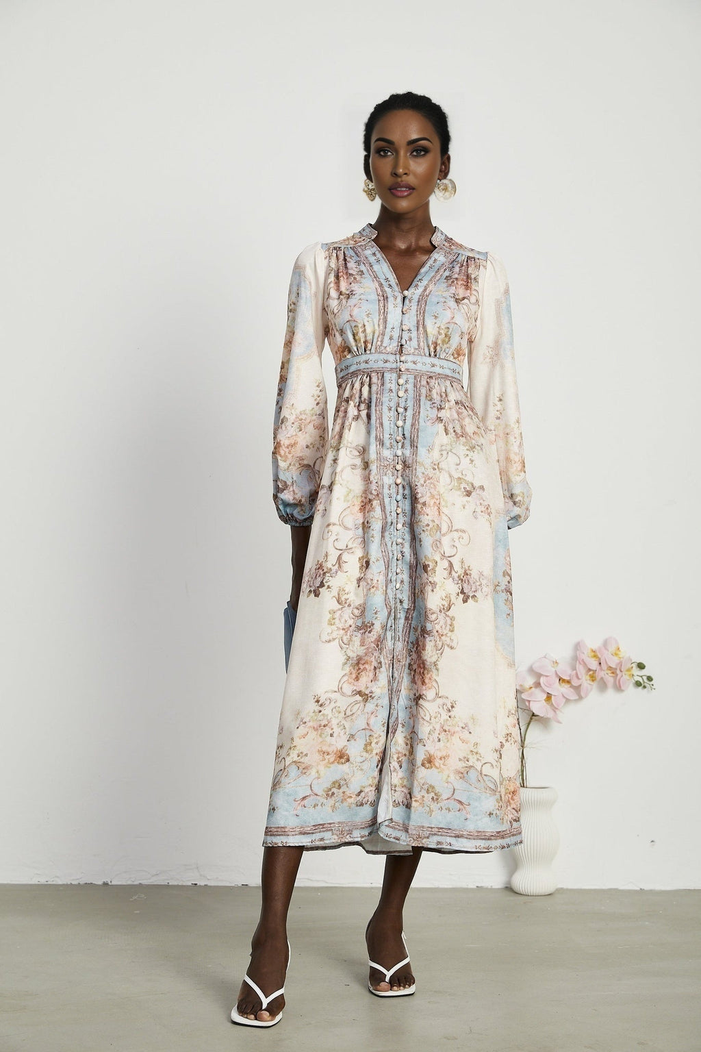 Enrica Midi Dress - Long Sleeves - V - Neck - Floral Print