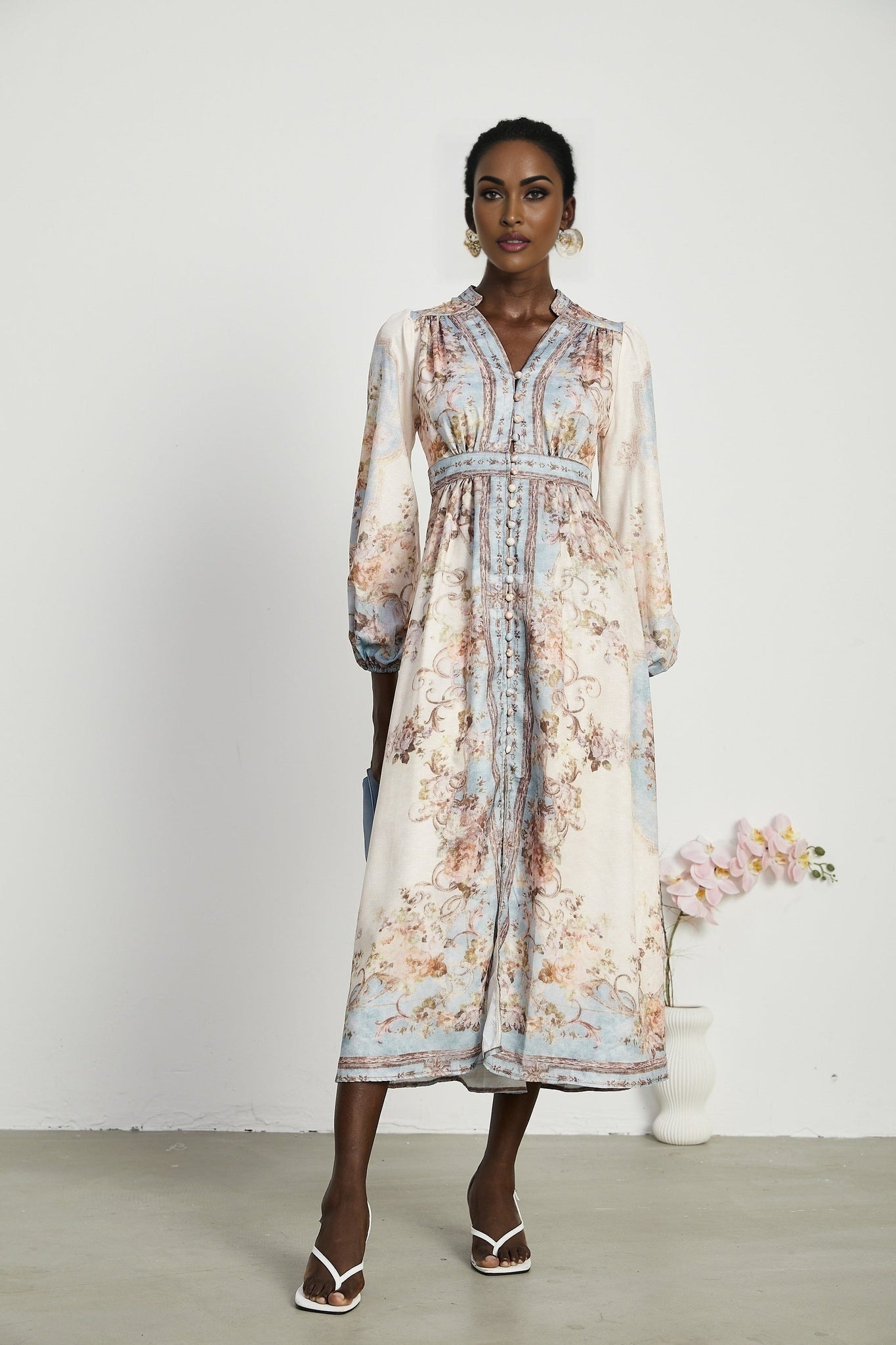 Enrica Midi Dress - Long Sleeves - V - Neck - Floral Print