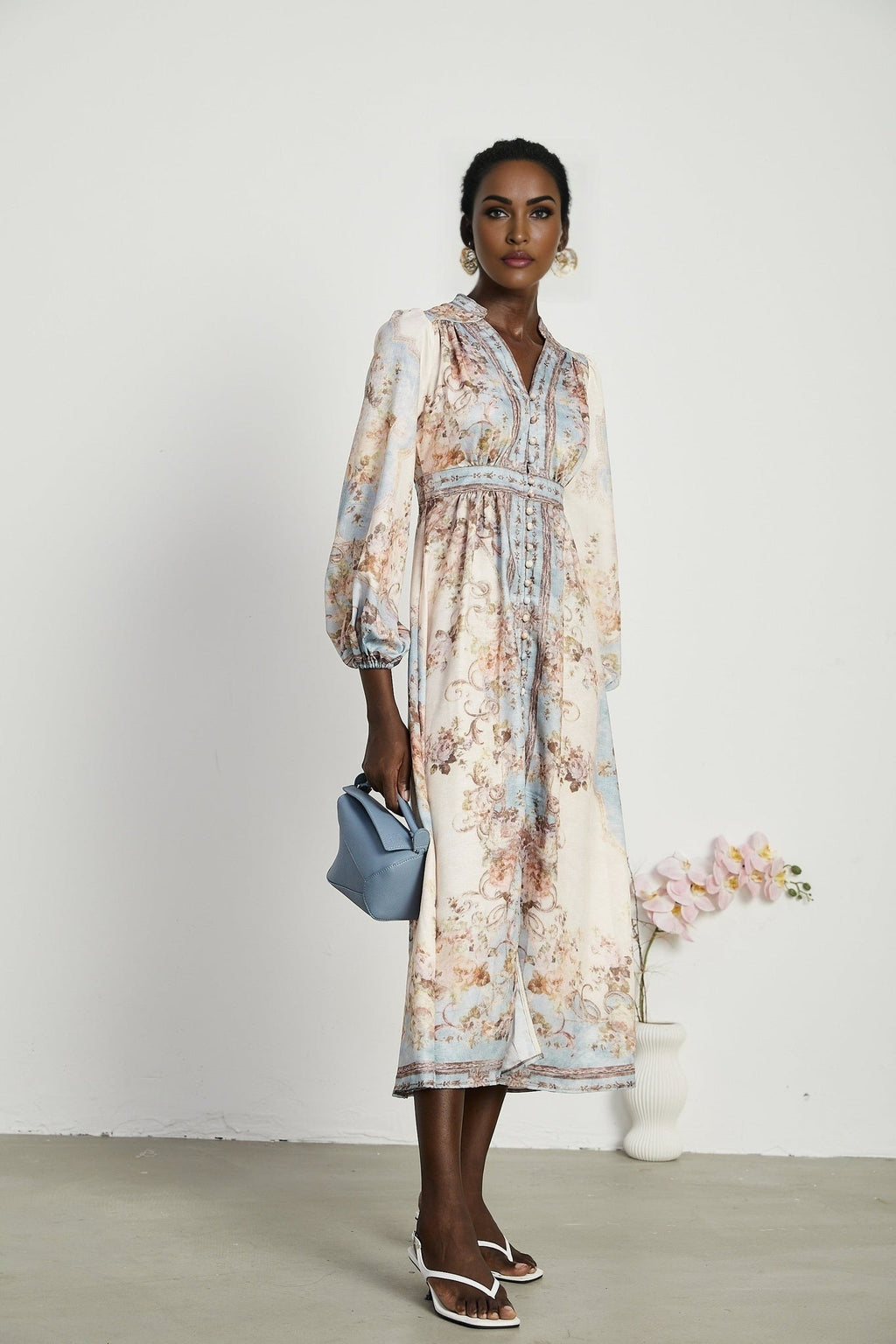 Enrica Midi Dress - Long Sleeves - V - Neck - Floral Print