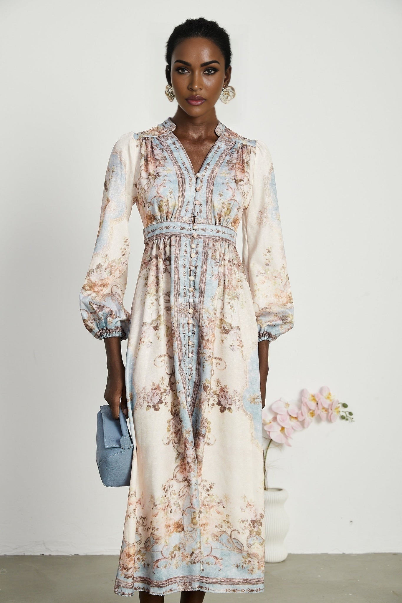 Enrica Midi Dress - Long Sleeves - V - Neck - Floral Print