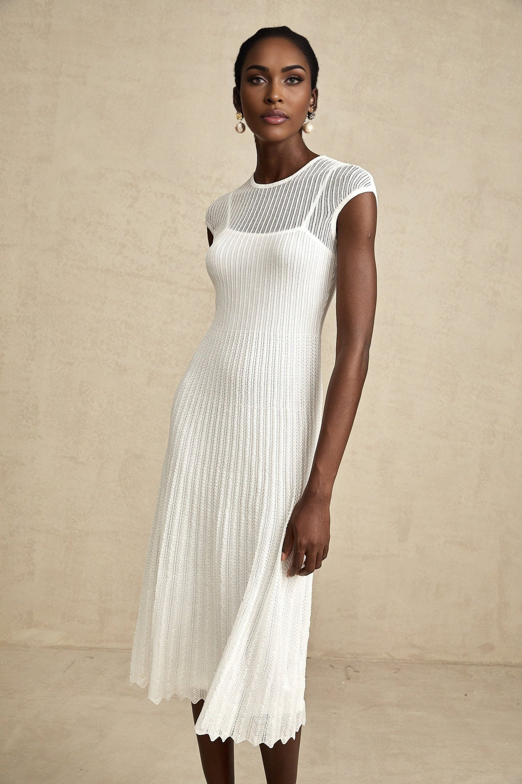 Enrica Midi Dress - Round Neck - Sleeveless - Scallop Hem - Semi - Sheer