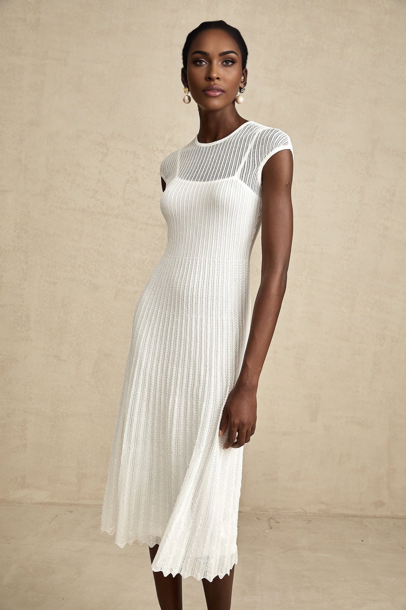 Enrica Midi Dress - Round Neck - Sleeveless - Scallop Hem - Semi - Sheer