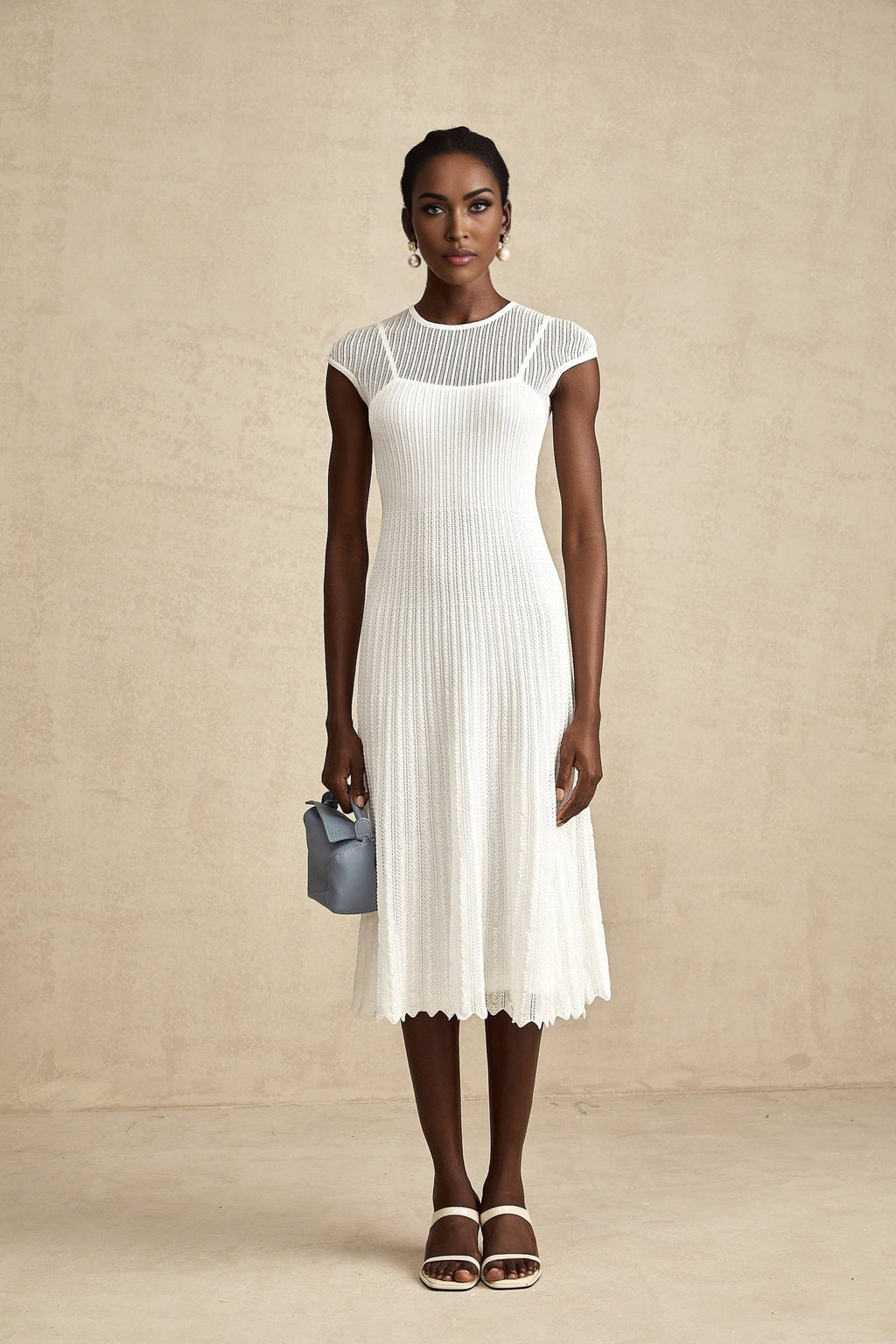 Enrica Midi Dress - Round Neck - Sleeveless - Scallop Hem - Semi - Sheer