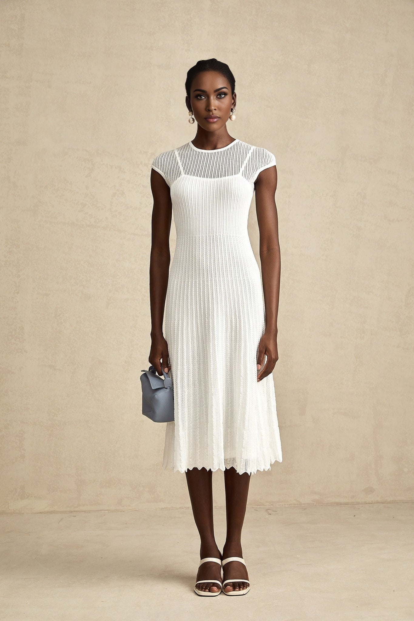 Enrica Midi Dress - Round Neck - Sleeveless - Scallop Hem - Semi - Sheer