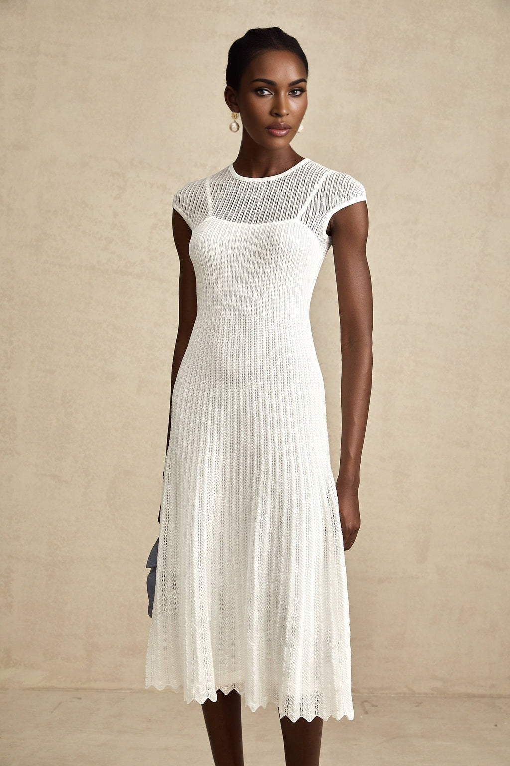 Enrica Midi Dress - Round Neck - Sleeveless - Scallop Hem - Semi - Sheer