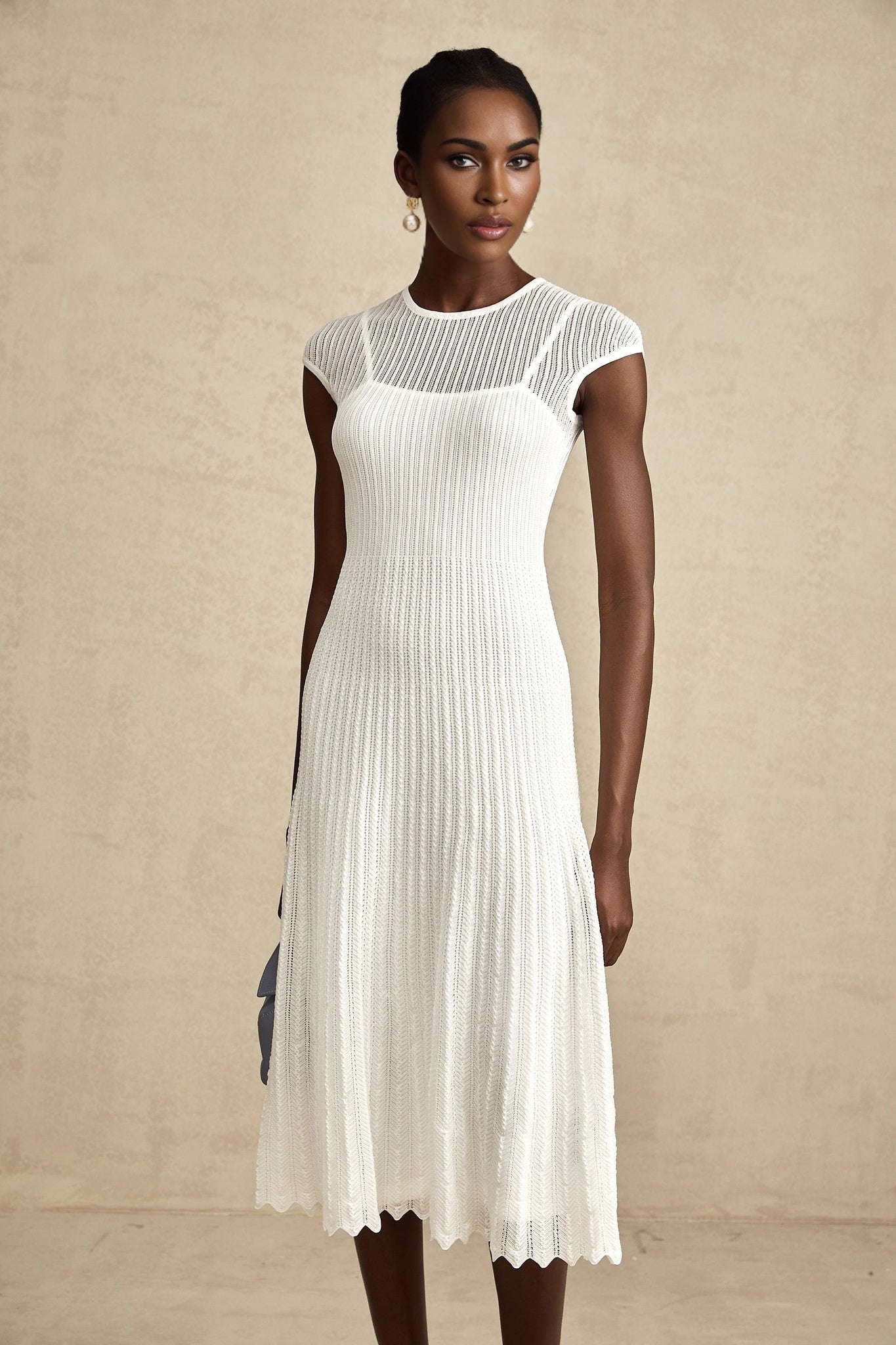 Enrica Midi Dress - Round Neck - Sleeveless - Scallop Hem - Semi - Sheer