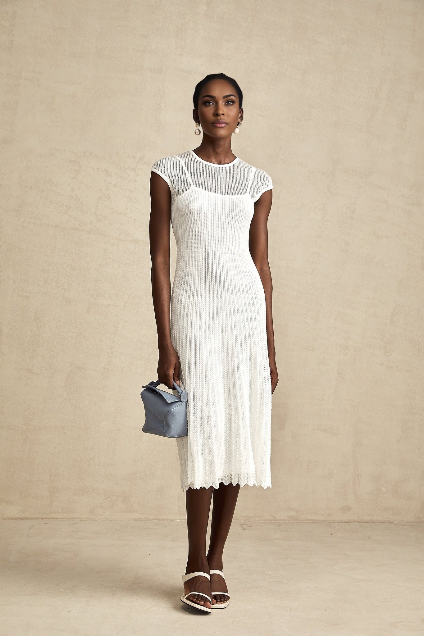 Enrica Midi Dress - Round Neck - Sleeveless - Scallop Hem - Semi - Sheer