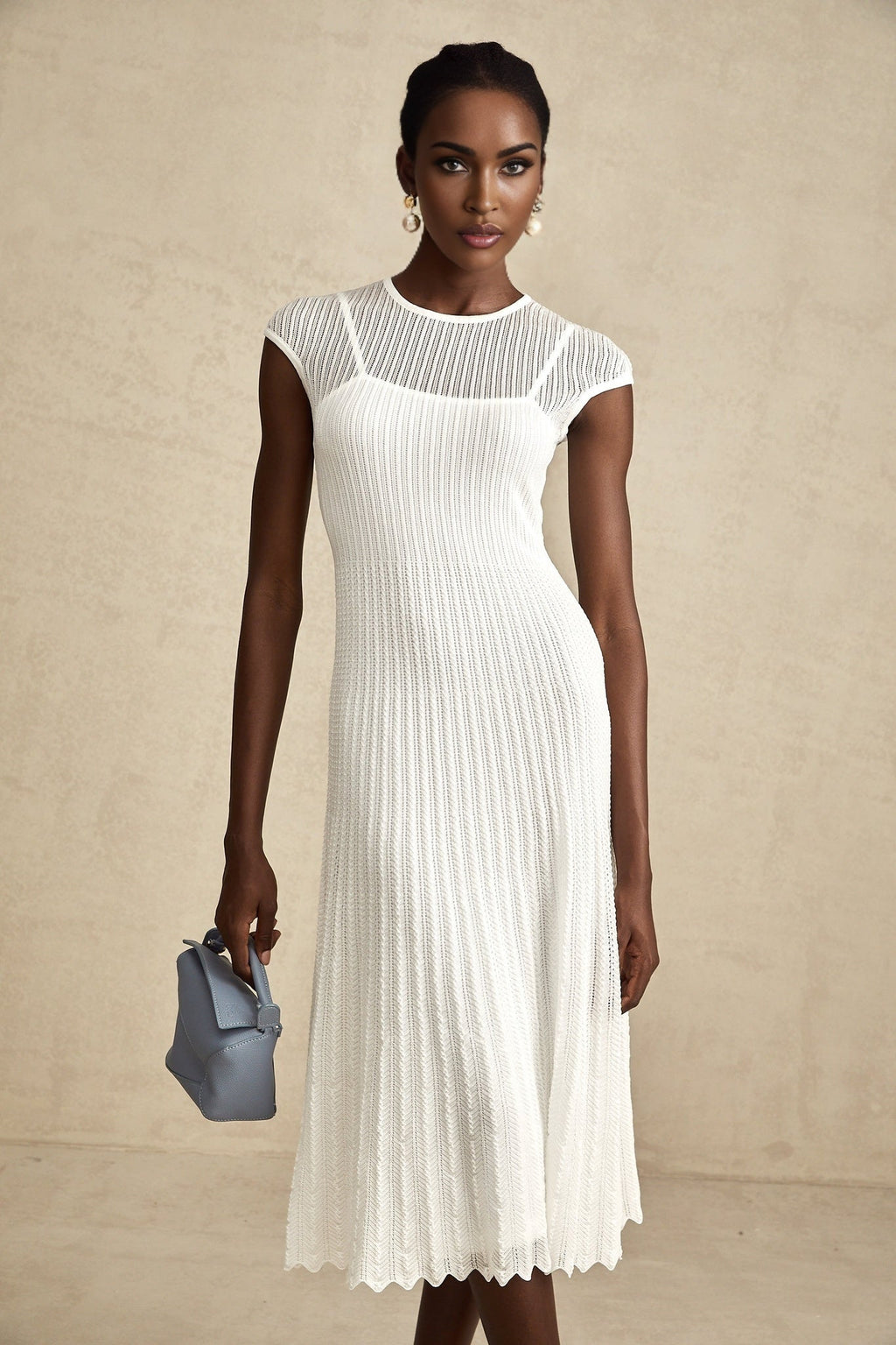 Enrica Midi Dress - Round Neck - Sleeveless - Scallop Hem - Semi - Sheer