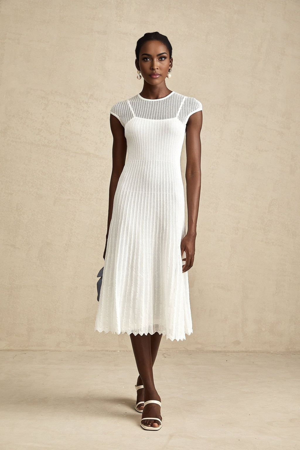 Enrica Midi Dress - Round Neck - Sleeveless - Scallop Hem - Semi - Sheer