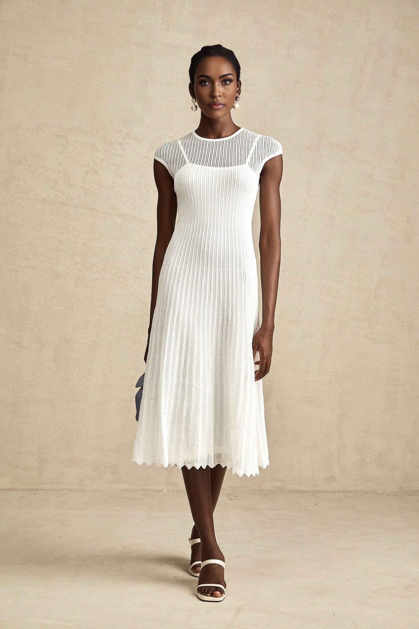 Enrica Midi Dress - Round Neck - Sleeveless - Scallop Hem - Semi - Sheer