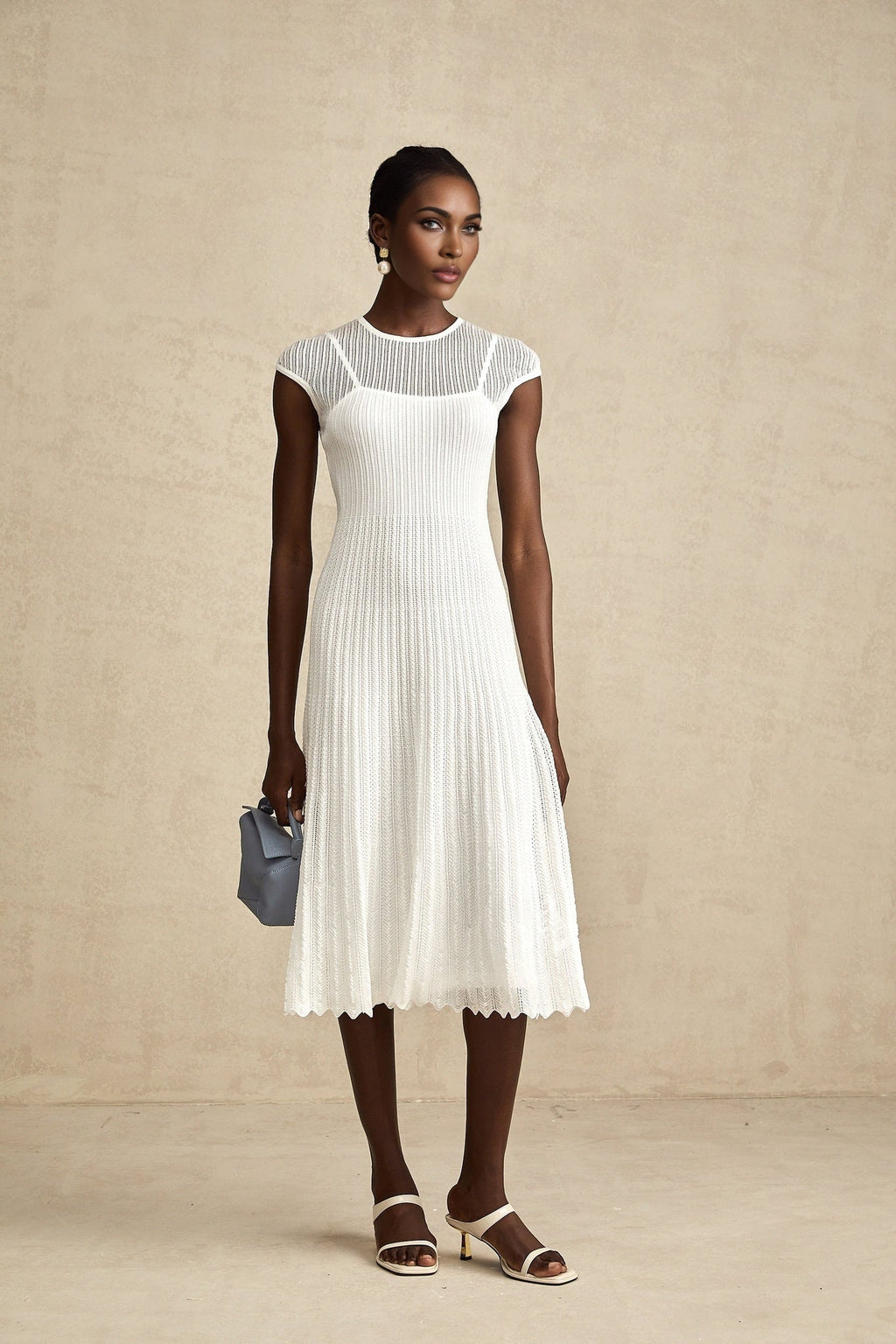 Enrica Midi Dress - Round Neck - Sleeveless - Scallop Hem - Semi - Sheer