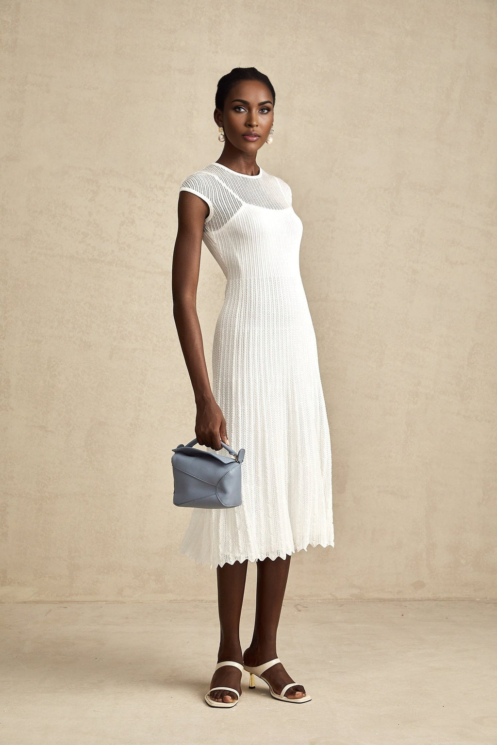 Enrica Midi Dress - Round Neck - Sleeveless - Scallop Hem - Semi - Sheer